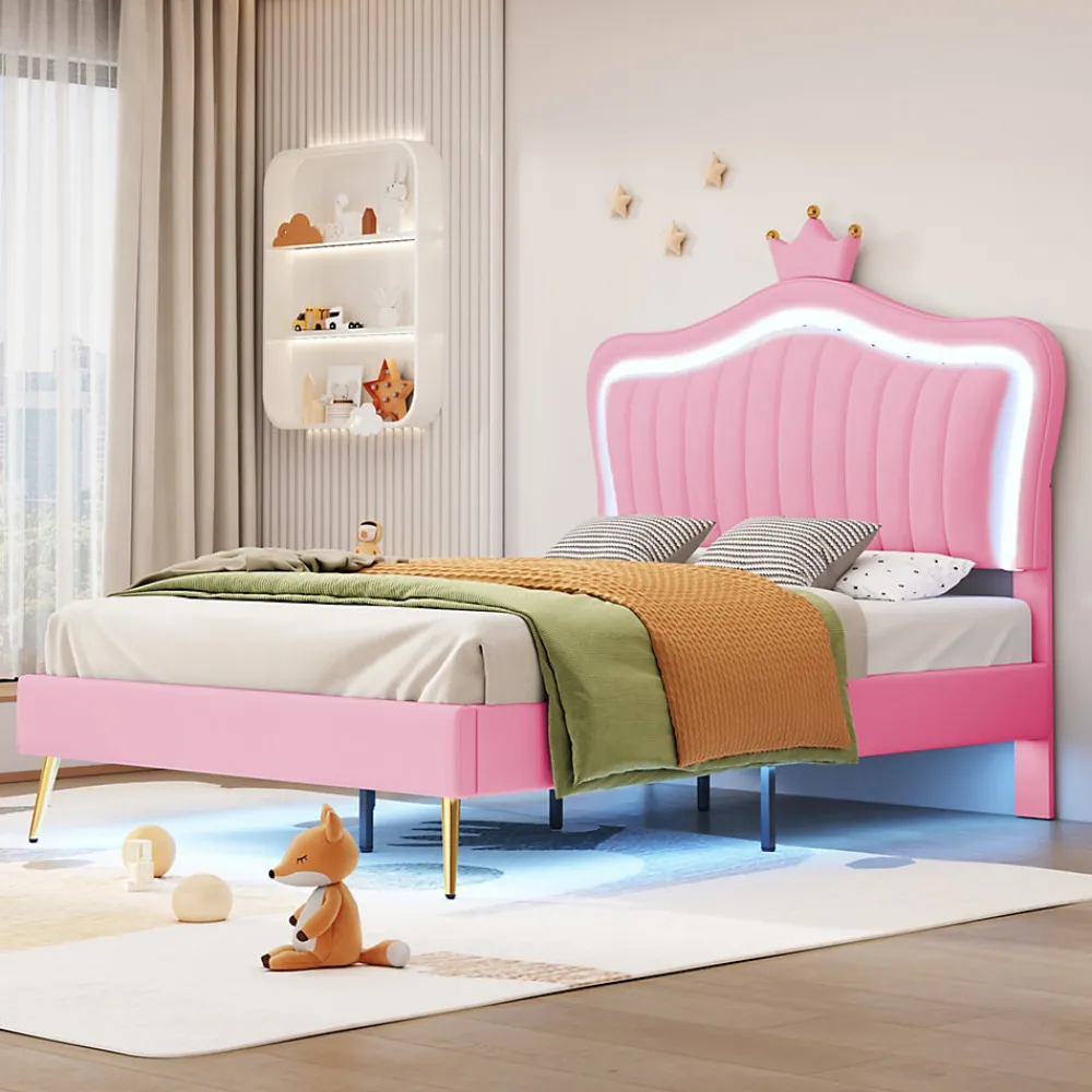 Lit simple 90 sur 200 cm cadre en PU cuir rose style couronne avec LED sommier et tête de lit matelas non inclus>Redom New