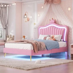 Lit simple 90 sur 200 cm cadre en PU cuir rose style couronne avec LED sommier et tête de lit matelas non inclus><noscript><img width=