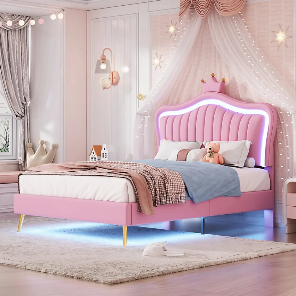 Lit simple 90 sur 200 cm cadre en PU cuir rose style couronne avec LED sommier et tête de lit matelas non inclus>Redom New