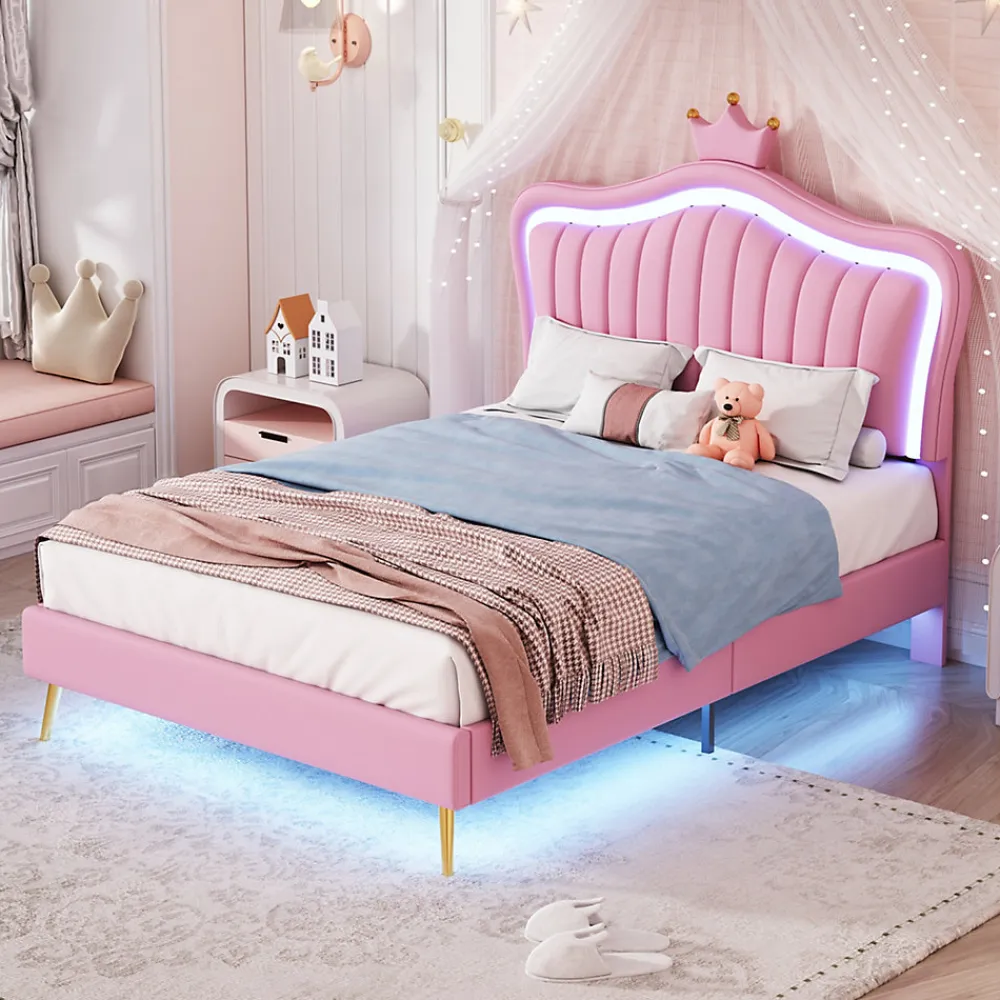 Lit simple 90 sur 200 cm cadre en PU cuir rose style couronne avec LED sommier et tête de lit matelas non inclus>Redom New