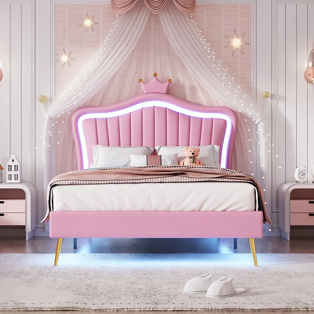 Lit simple 90 sur 200 cm cadre en PU cuir rose style couronne avec LED sommier et tête de lit matelas non inclus>Redom New
