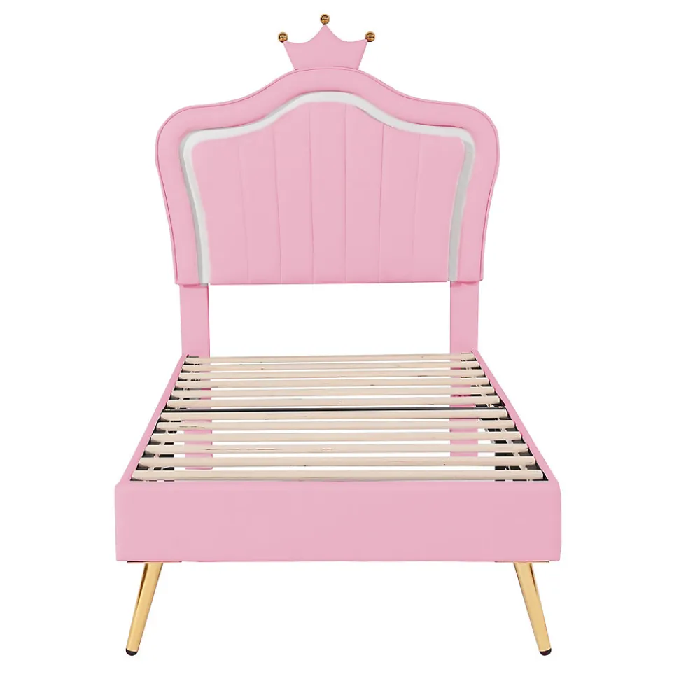 Lit simple 90 sur 200 cm cadre en PU cuir rose style couronne avec LED sommier et tête de lit matelas non inclus>Redom New