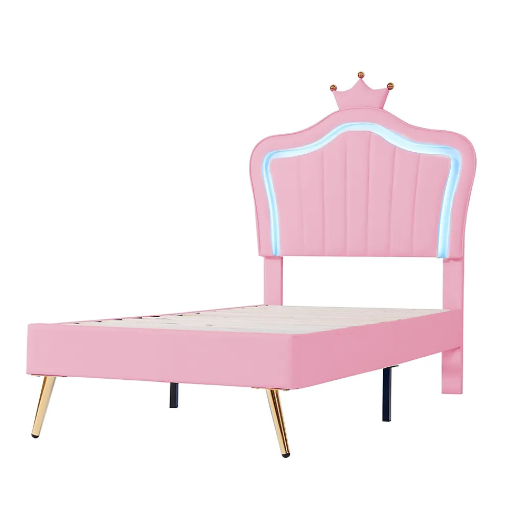 Lit simple 90 sur 200 cm cadre en PU cuir rose style couronne avec LED sommier et tête de lit matelas non inclus>Redom New
