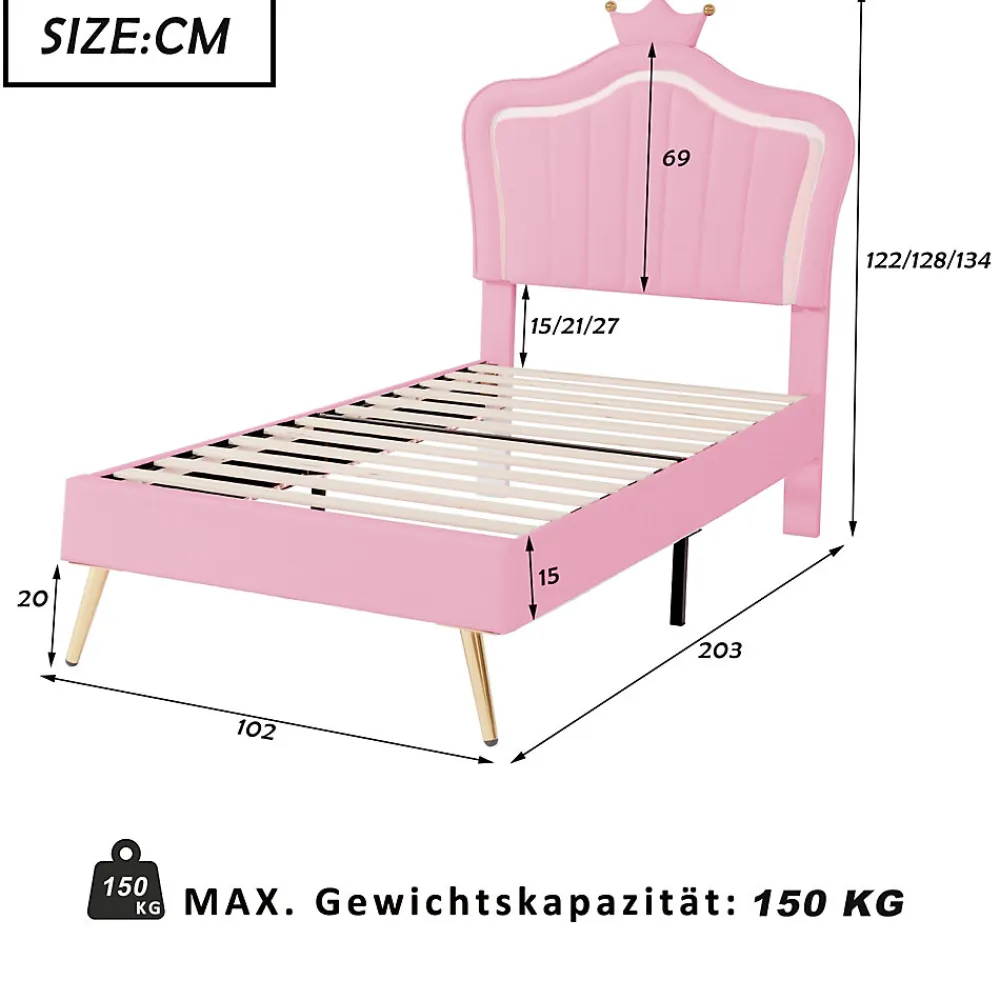 Lit simple 90 sur 200 cm cadre en PU cuir rose style couronne avec LED sommier et tête de lit matelas non inclus>Redom New