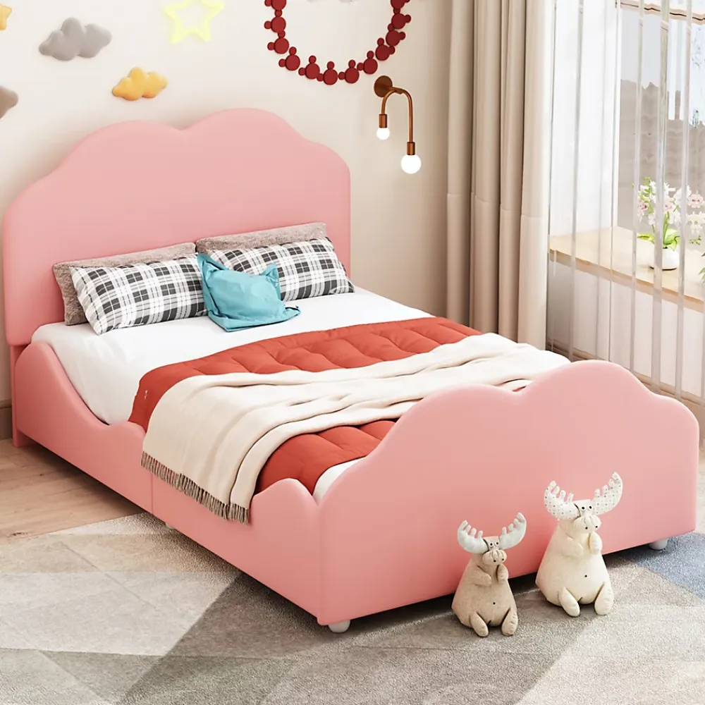 Redom Lit simple 90 sur 200 cm cadre avec barrières tête et pied en forme de nuage en velours doux rose* Lit Simple