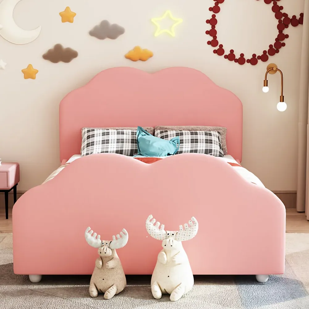 Redom Lit simple 90 sur 200 cm cadre avec barrières tête et pied en forme de nuage en velours doux rose* Lit Simple