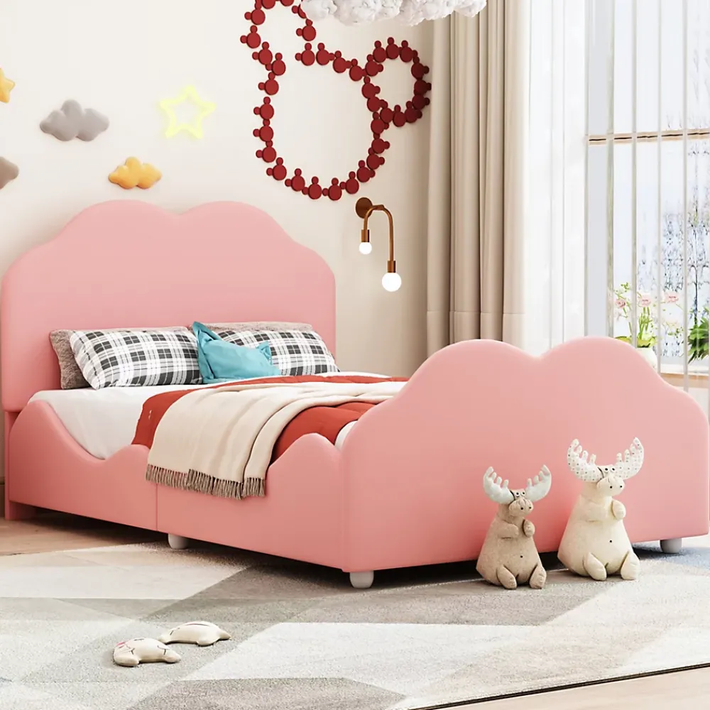 Redom Lit simple 90 sur 200 cm cadre avec barrières tête et pied en forme de nuage en velours doux rose* Lit Simple