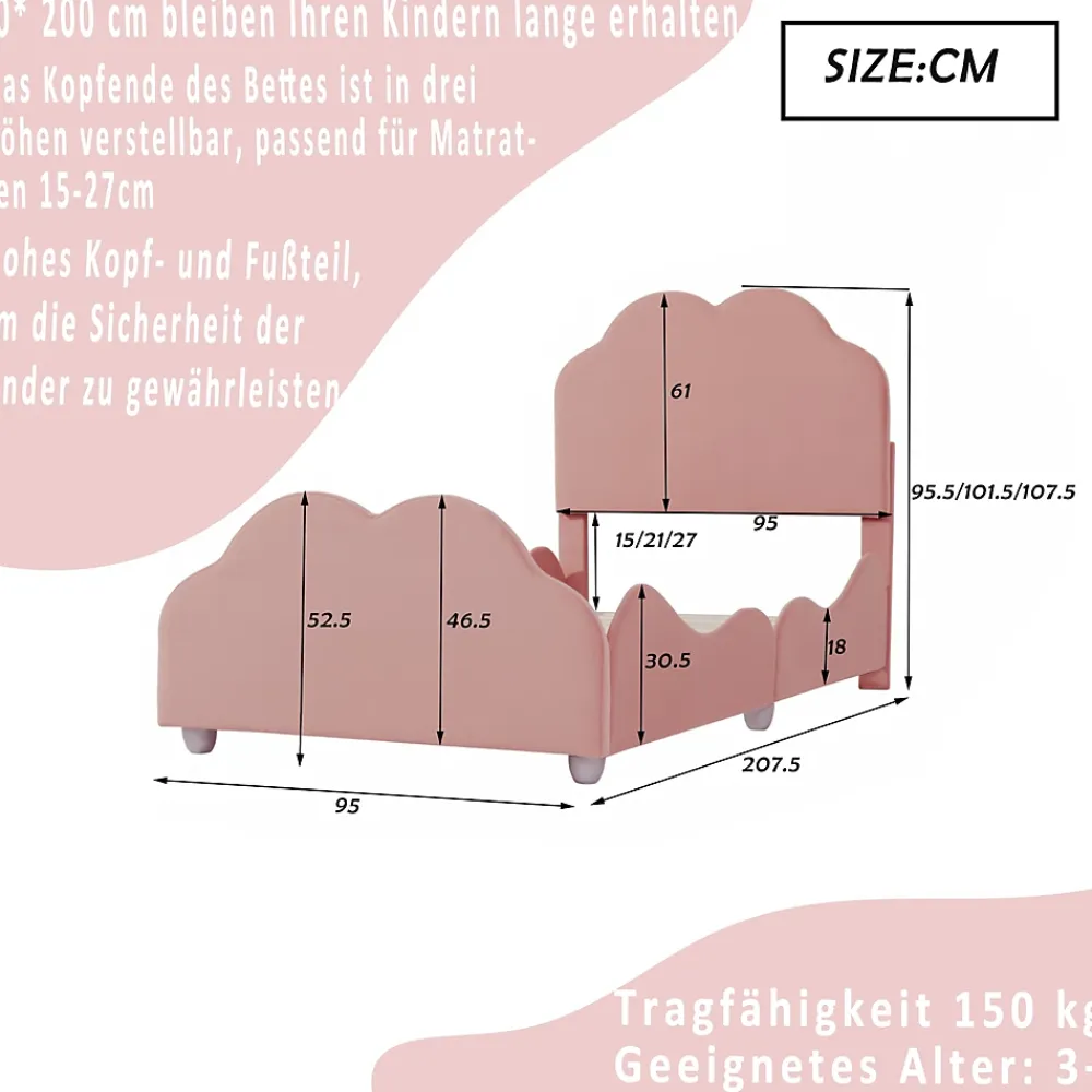 Redom Lit simple 90 sur 200 cm cadre avec barrières tête et pied en forme de nuage en velours doux rose* Lit Simple