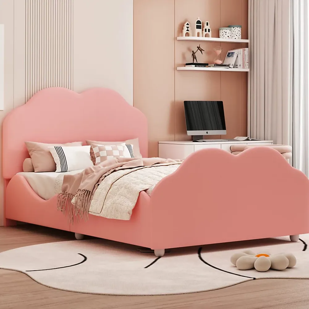 Redom Lit simple 90 sur 200 cm cadre avec barrières tête et pied en forme de nuage en velours doux rose* Lit Simple
