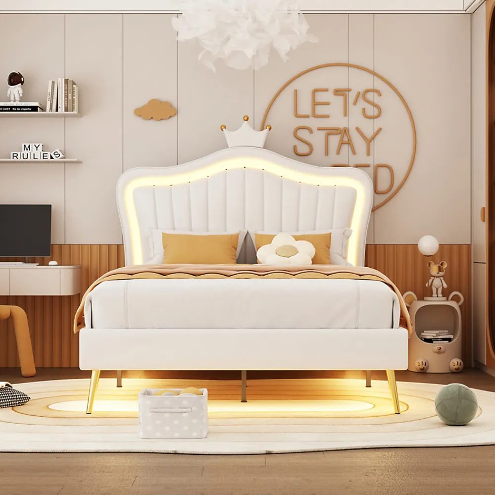 Lit simple 90 sur 200 cm cadre en PU cuir blanc style couronne avec LED sommier et tête de lit matelas non inclus>Redom Outlet