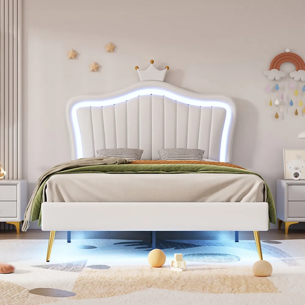 Lit simple 90 sur 200 cm cadre en PU cuir blanc style couronne avec LED sommier et tête de lit matelas non inclus>Redom Outlet