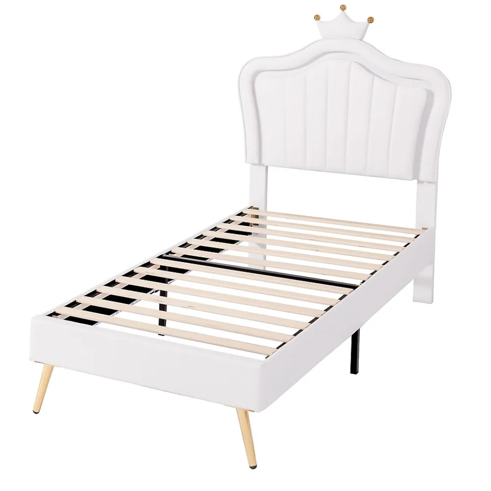 Lit simple 90 sur 200 cm cadre en PU cuir blanc style couronne avec LED sommier et tête de lit matelas non inclus>Redom Outlet
