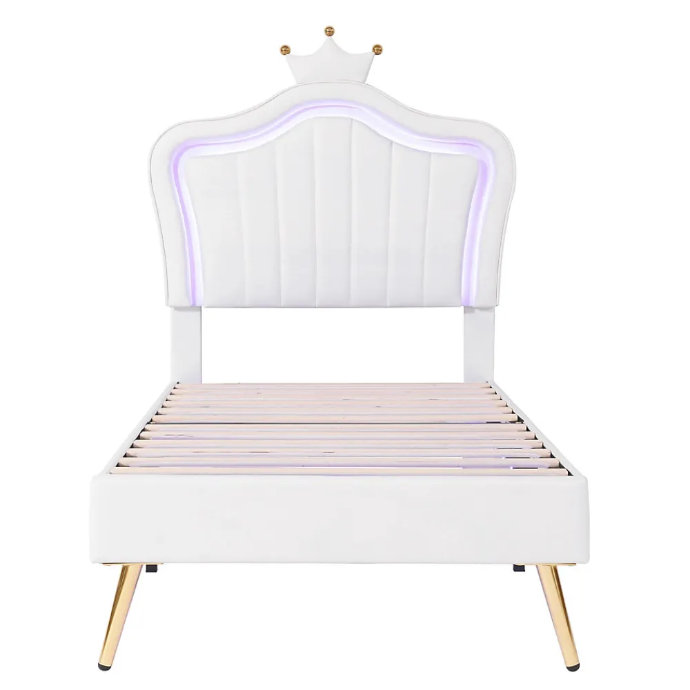 Lit simple 90 sur 200 cm cadre en PU cuir blanc style couronne avec LED sommier et tête de lit matelas non inclus>Redom Outlet