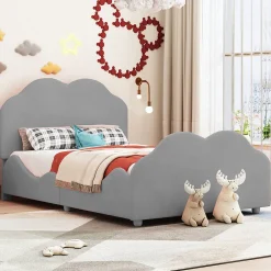 Lit simple 90 sur 200 cm cadre avec barrières tête et pied en forme de nuage en velours doux gris>Redom Sale