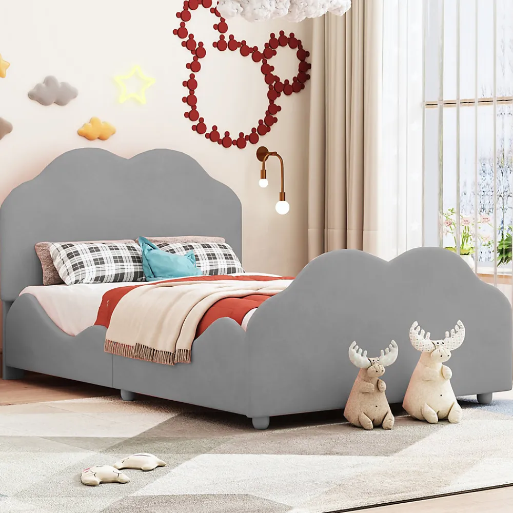 Lit simple 90 sur 200 cm cadre avec barrières tête et pied en forme de nuage en velours doux gris>Redom Sale