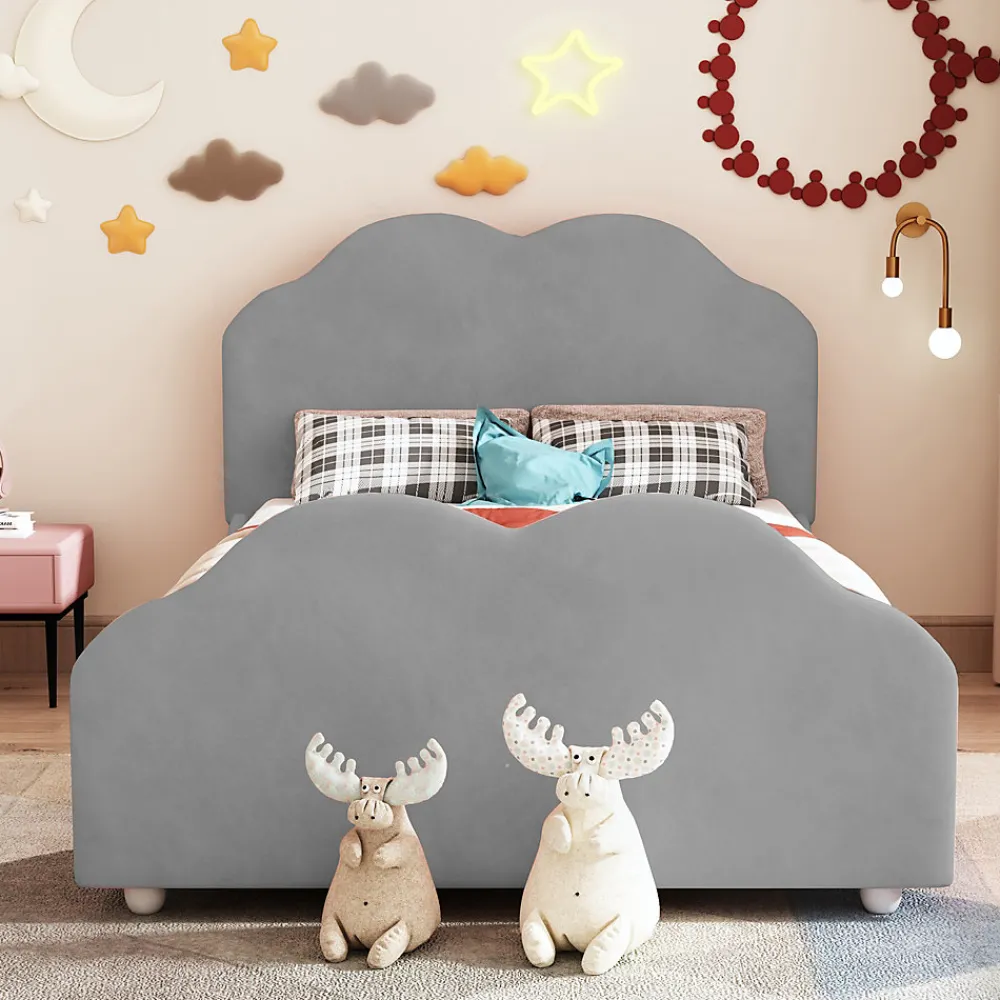 Lit simple 90 sur 200 cm cadre avec barrières tête et pied en forme de nuage en velours doux gris>Redom Sale