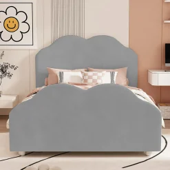 Lit simple 90 sur 200 cm cadre avec barrières tête et pied en forme de nuage en velours doux gris><noscript><img width=