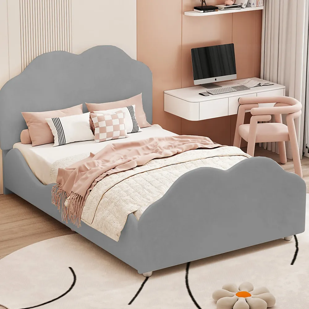 Lit simple 90 sur 200 cm cadre avec barrières tête et pied en forme de nuage en velours doux gris>Redom Sale