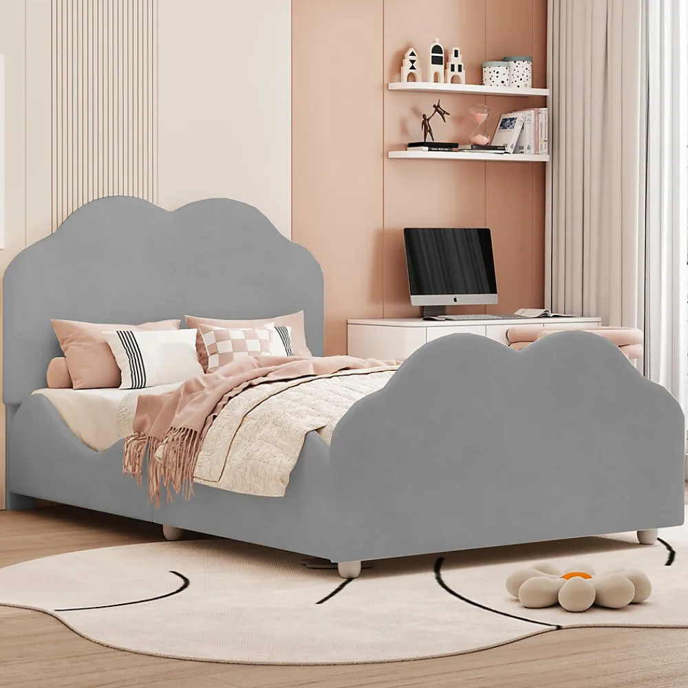 Lit simple 90 sur 200 cm cadre avec barrières tête et pied en forme de nuage en velours doux gris>Redom Sale