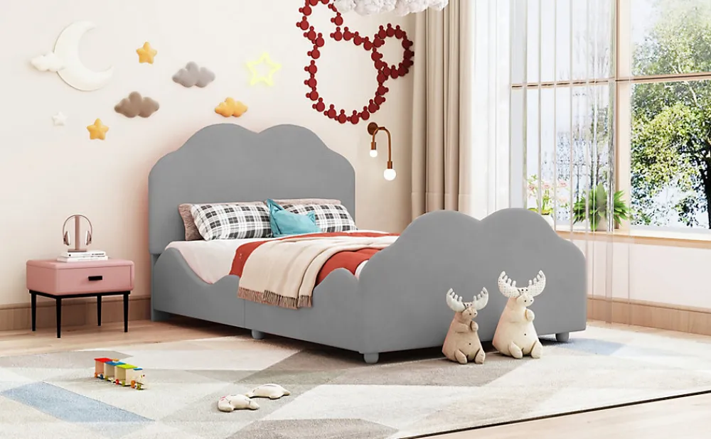 Lit simple 90 sur 200 cm cadre avec barrières tête et pied en forme de nuage en velours doux gris>Redom Sale