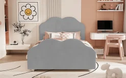 Lit simple 90 sur 200 cm cadre avec barrières tête et pied en forme de nuage en velours doux gris><noscript><img width=