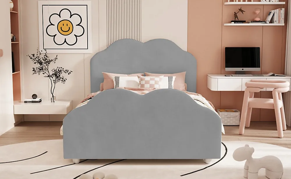 Lit simple 90 sur 200 cm cadre avec barrières tête et pied en forme de nuage en velours doux gris>Redom Sale