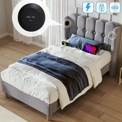 Lit Simple 90 x 200 Cm - Lit Adult avec Chargement USB Type-C - Lin, MDF, Métal - Sans Matelas - Gris>Okwish Online