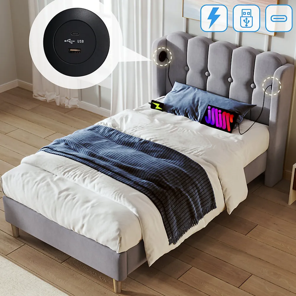 Lit Simple 90 x 200 Cm - Lit Adult avec Chargement USB Type-C - Lin, MDF, Métal - Sans Matelas - Gris>Okwish Online