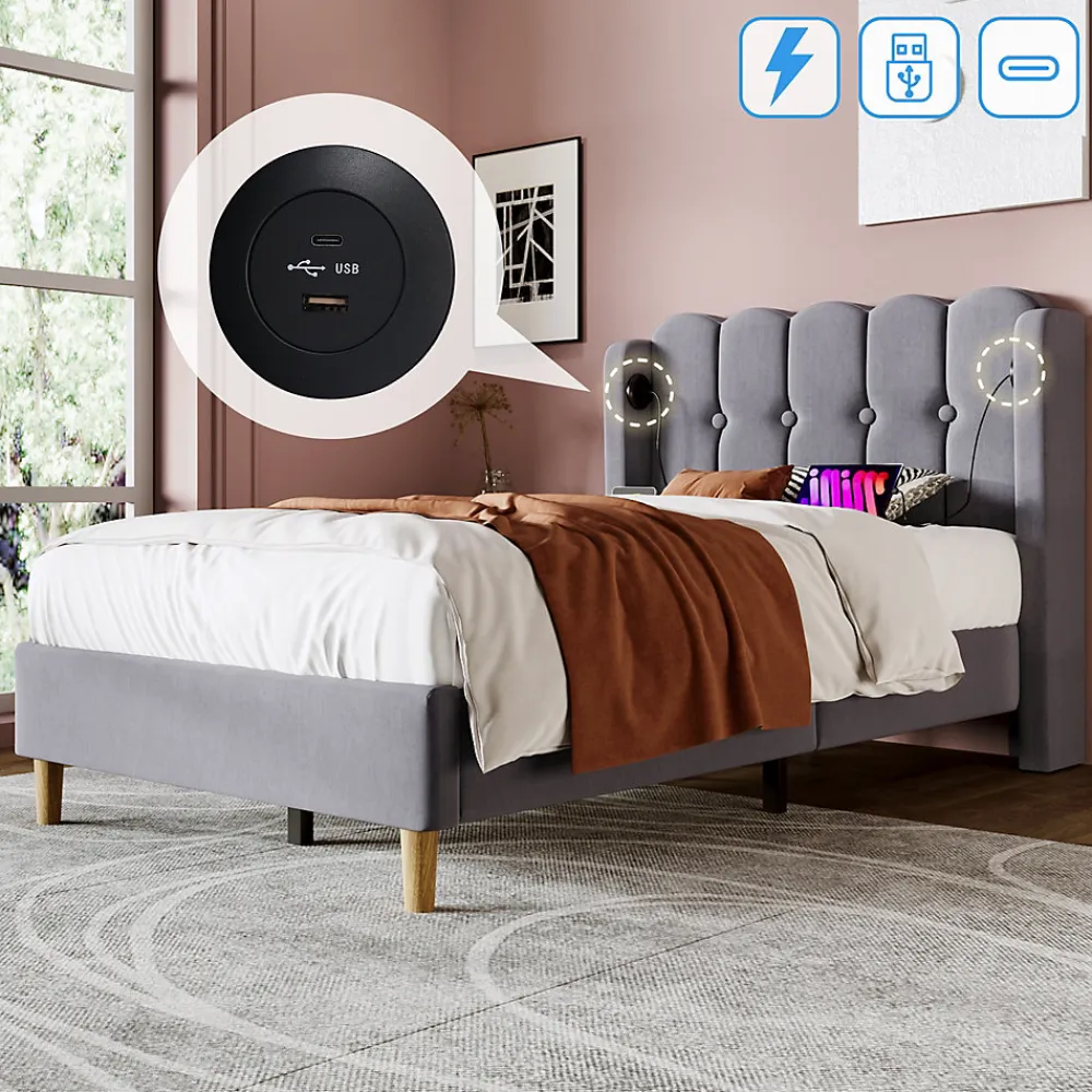 Lit Simple 90 x 200 Cm - Lit Adult avec Chargement USB Type-C - Lin, MDF, Métal - Sans Matelas - Gris>Okwish Online