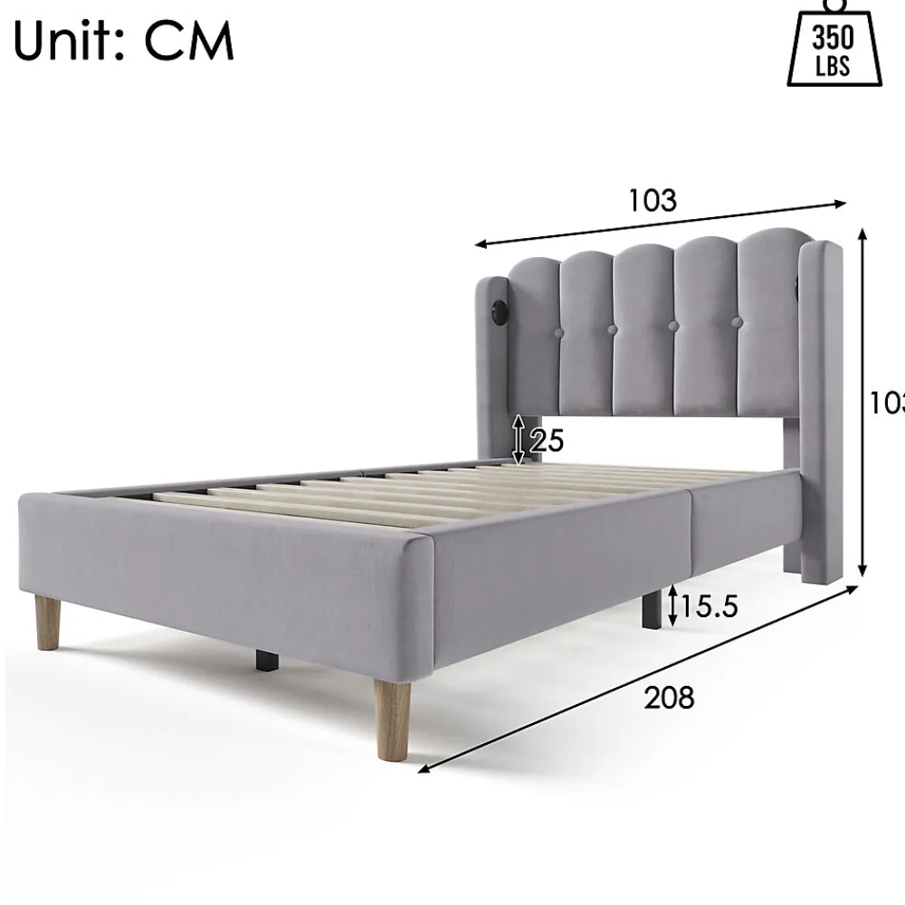 Lit Simple 90 x 200 Cm - Lit Adult avec Chargement USB Type-C - Lin, MDF, Métal - Sans Matelas - Gris>Okwish Online