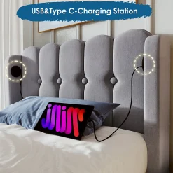 Lit Simple 90 x 200 Cm - Lit Adult avec Chargement USB Type-C - Lin, MDF, Métal - Sans Matelas - Gris><noscript><img width=
