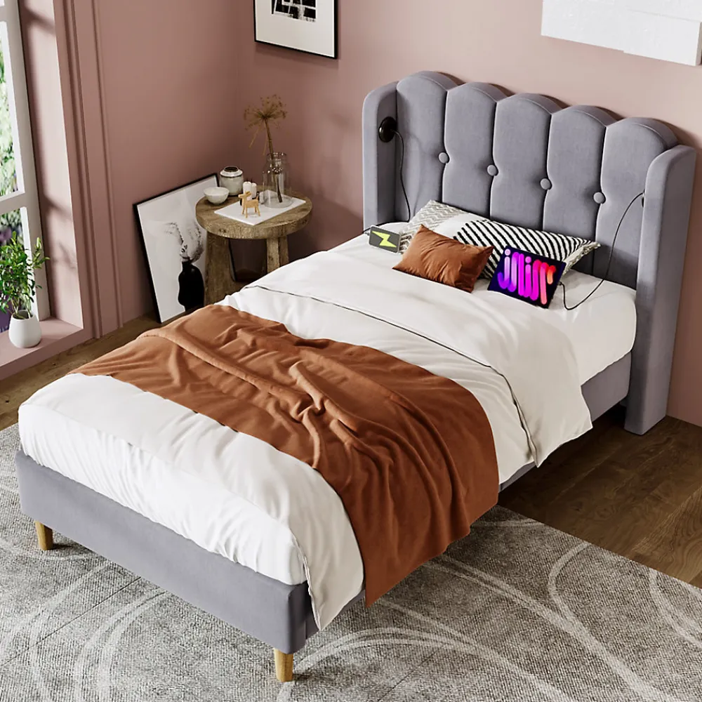 Lit Simple 90 x 200 Cm - Lit Adult avec Chargement USB Type-C - Lin, MDF, Métal - Sans Matelas - Gris>Okwish Online