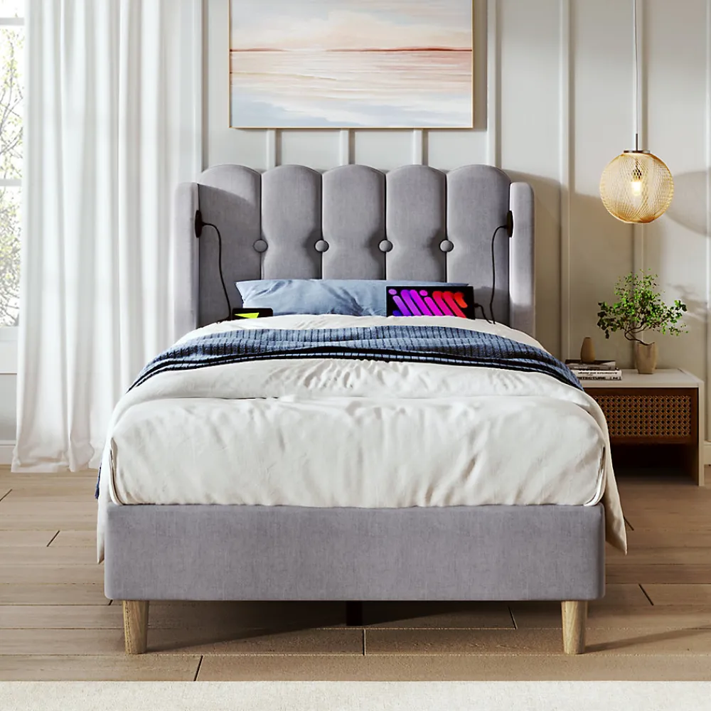 Lit Simple 90 x 200 Cm - Lit Adult avec Chargement USB Type-C - Lin, MDF, Métal - Sans Matelas - Gris>Okwish Online