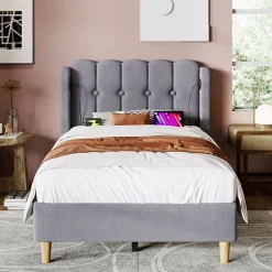 Lit Simple 90 x 200 Cm - Lit Adult avec Chargement USB Type-C - Lin, MDF, Métal - Sans Matelas - Gris><noscript><img width=