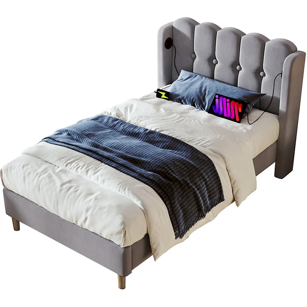Lit Simple 90 x 200 Cm - Lit Adult avec Chargement USB Type-C - Lin, MDF, Métal - Sans Matelas - Gris>Okwish Online
