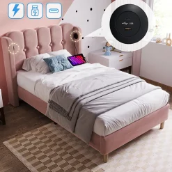 Lit Simple 90 x 200 Cm - Lit Adult avec Chargement USB Type-C - Velours, MDF, Métal - Sans Matelas - Rose>Okwish Sale