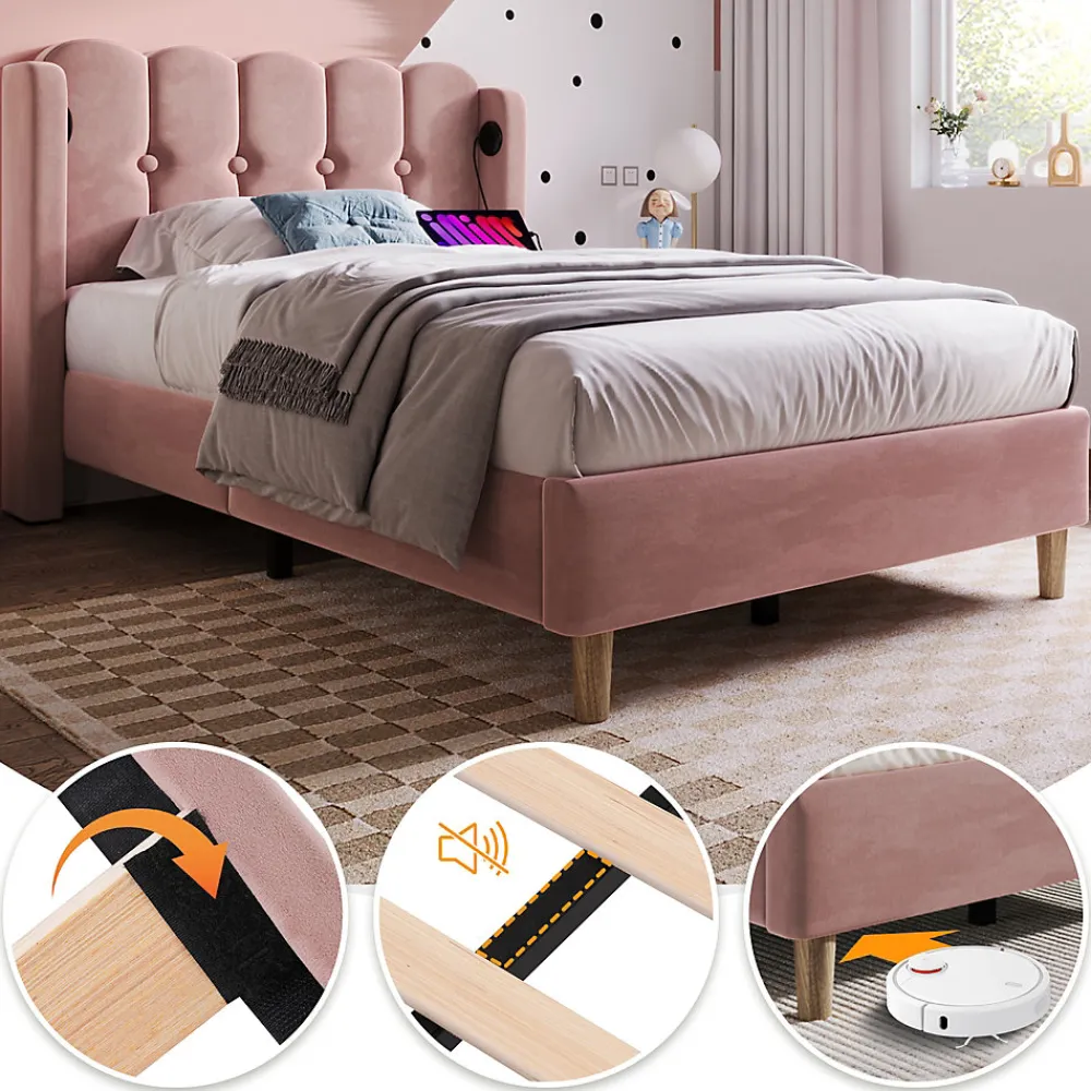 Lit Simple 90 x 200 Cm - Lit Adult avec Chargement USB Type-C - Velours, MDF, Métal - Sans Matelas - Rose>Okwish Sale