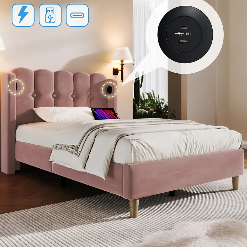 Lit Simple 90 x 200 Cm - Lit Adult avec Chargement USB Type-C - Velours, MDF, Métal - Sans Matelas - Rose>Okwish Sale
