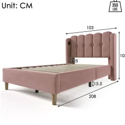 Lit Simple 90 x 200 Cm - Lit Adult avec Chargement USB Type-C - Velours, MDF, Métal - Sans Matelas - Rose><noscript><img width=