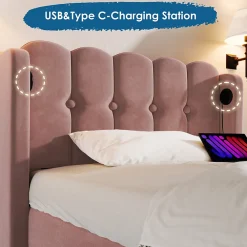 Lit Simple 90 x 200 Cm - Lit Adult avec Chargement USB Type-C - Velours, MDF, Métal - Sans Matelas - Rose><noscript><img width=