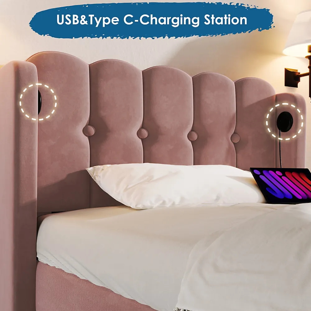 Lit Simple 90 x 200 Cm - Lit Adult avec Chargement USB Type-C - Velours, MDF, Métal - Sans Matelas - Rose>Okwish Sale