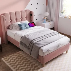 Lit Simple 90 x 200 Cm - Lit Adult avec Chargement USB Type-C - Velours, MDF, Métal - Sans Matelas - Rose><noscript><img width=