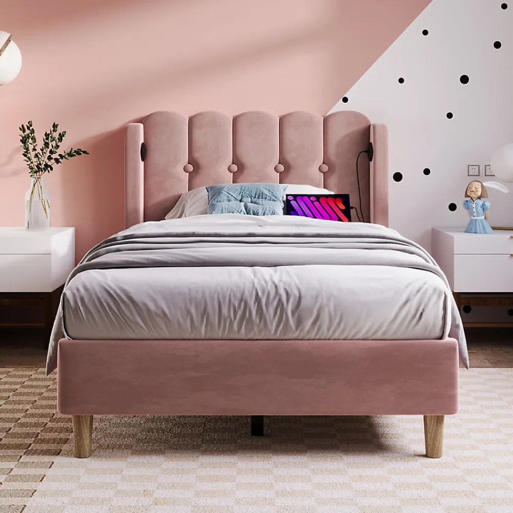 Lit Simple 90 x 200 Cm - Lit Adult avec Chargement USB Type-C - Velours, MDF, Métal - Sans Matelas - Rose>Okwish Sale