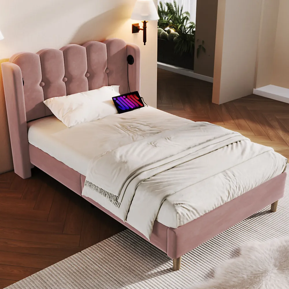 Lit Simple 90 x 200 Cm - Lit Adult avec Chargement USB Type-C - Velours, MDF, Métal - Sans Matelas - Rose>Okwish Sale
