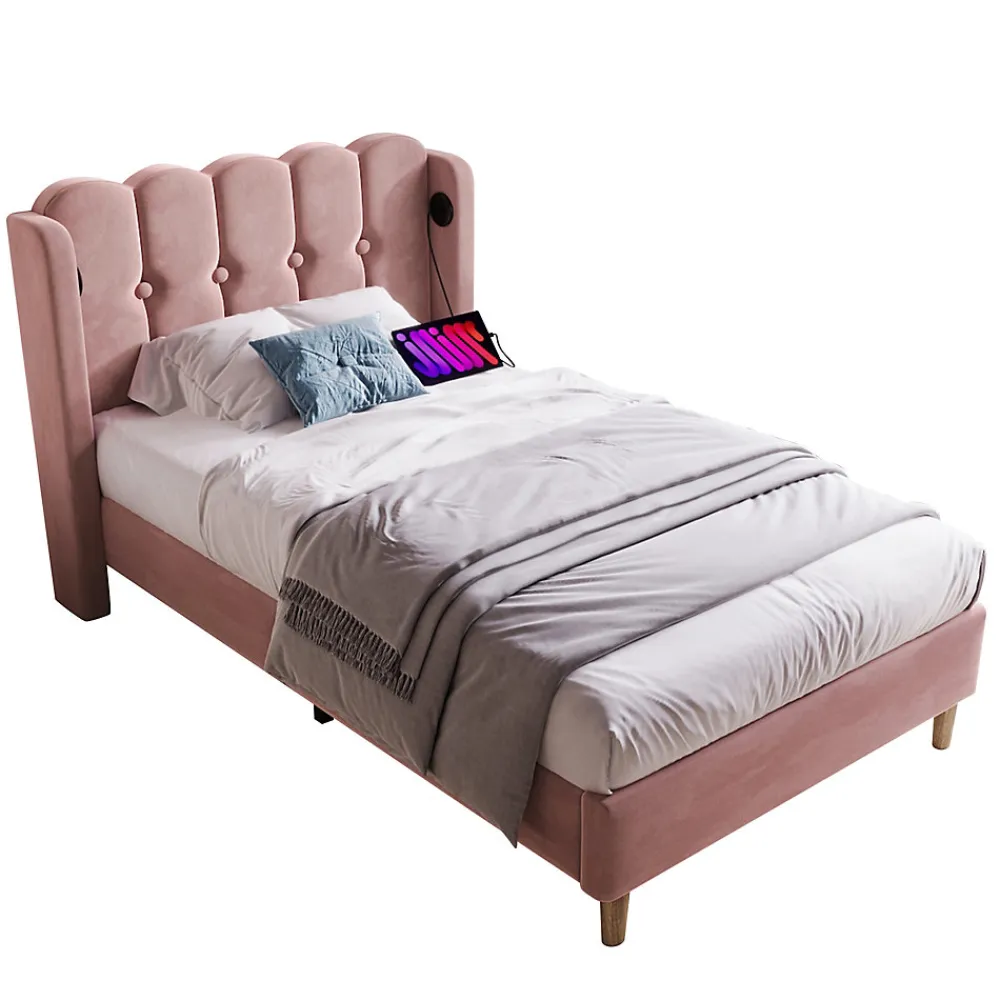 Lit Simple 90 x 200 Cm - Lit Adult avec Chargement USB Type-C - Velours, MDF, Métal - Sans Matelas - Rose>Okwish Sale