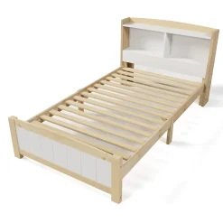 Okwish Lit simple 90 x 200 cm - Lit avec Tête de Lit Rangement - Bois Massif + MDF - avec Matelas - Blanc* Ensemble Sommier Et Matelas