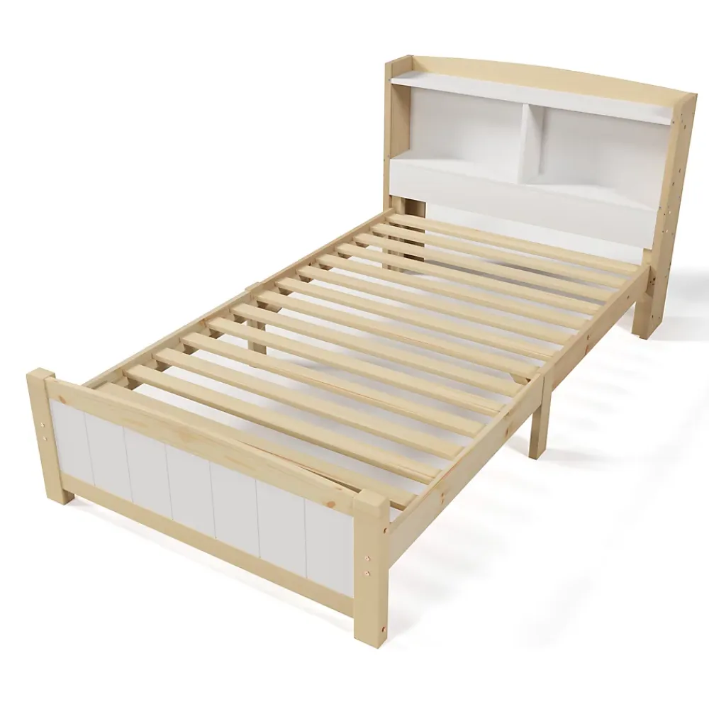 Okwish Lit simple 90 x 200 cm - Lit avec Tête de Lit Rangement - Bois Massif + MDF - avec Matelas - Blanc* Ensemble Sommier Et Matelas