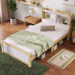 Okwish Lit simple 90 x 200 cm - Lit avec Tête de Lit Rangement - Bois Massif + MDF - avec Matelas - Blanc* Ensemble Sommier Et Matelas