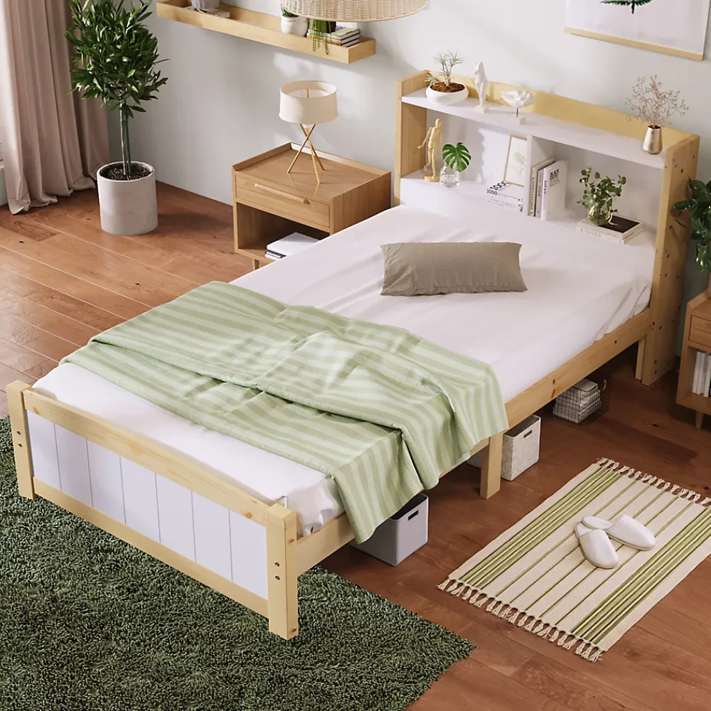 Okwish Lit simple 90 x 200 cm - Lit avec Tête de Lit Rangement - Bois Massif + MDF - avec Matelas - Blanc* Ensemble Sommier Et Matelas