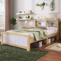 Lit simple 90 x 200 cm - Lit avec Rangement Tête de Lit - Bois Massif et MDF - Sans Matelas - Blanc>Okwish New